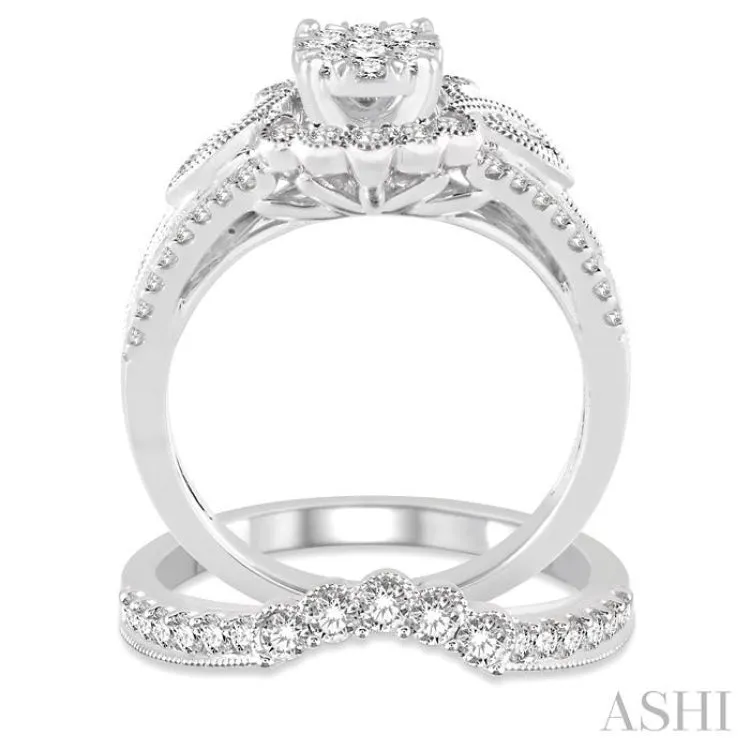 1 1/10 Ctw Diamond Lovebright Wedding Set with 3/4 Ctw Engagement Ring and 1/3 Ctw Wedding Band in 14K White Gold