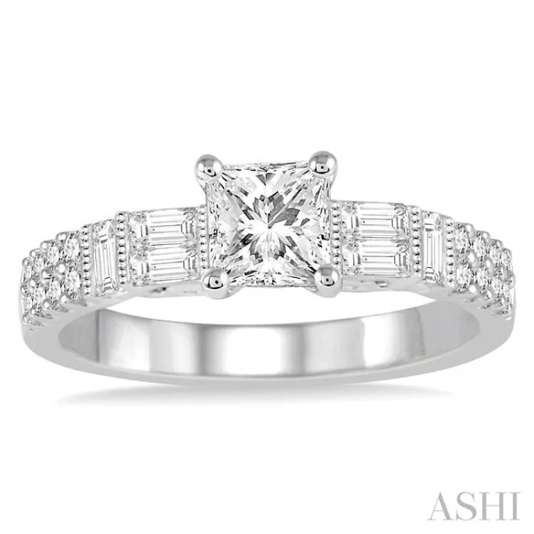 1 Ctw Diamond Engagement Ring with 5/8 Ct Princess Cut Center Stone in 14K White Gold