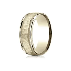 14 Karat Yellow Gold 8mm Comfort-fit Hammered Center High Polish Round Edge Carved Design Band