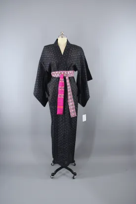 1930s Vintage Silk Kimono Robe / Black and Blue Meisen Ikat