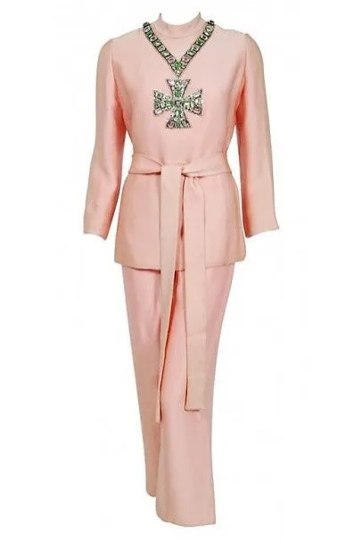 1968 Norman Norell Light-Pink Silk Jeweled Maltese Cross Belted Tunic Pantsuit