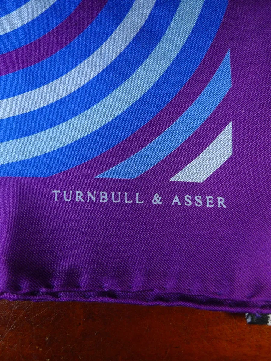 24/0307 Turnbull & asser Jermyn St. purple blue geometric pattern all silk pocket square