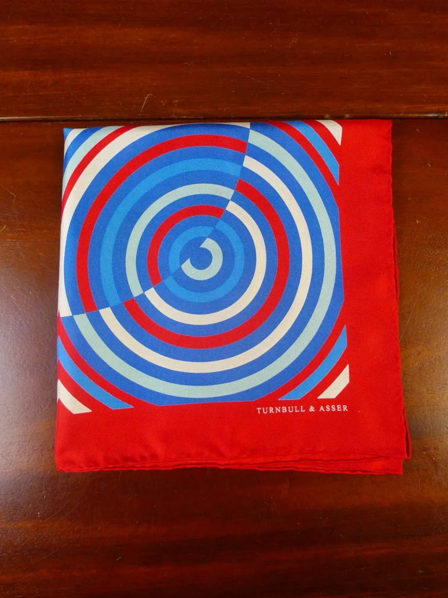 Turnbull & Asser Pocket Square - All Silk - Geometric Pattern in Red and Blue - Jermyn St. Collection