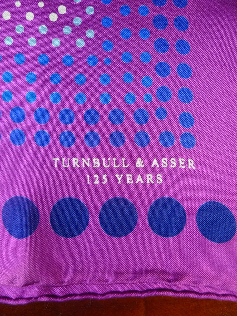 24/0314 Turnbull & asser Jermyn St. pink purple blue circle pattern 125 years anniversary all silk pocket square