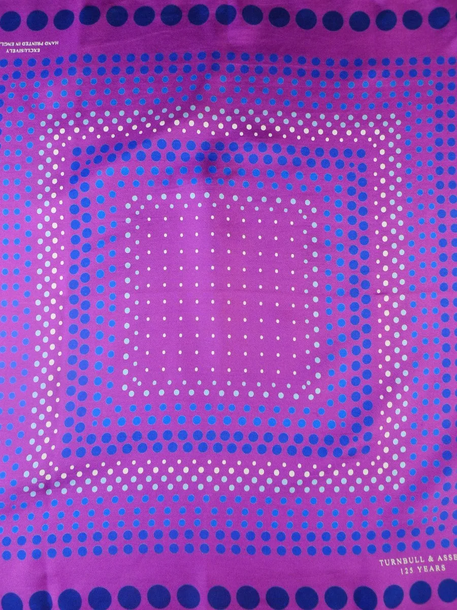 24/0314 Turnbull & asser Jermyn St. pink purple blue circle pattern 125 years anniversary all silk pocket square