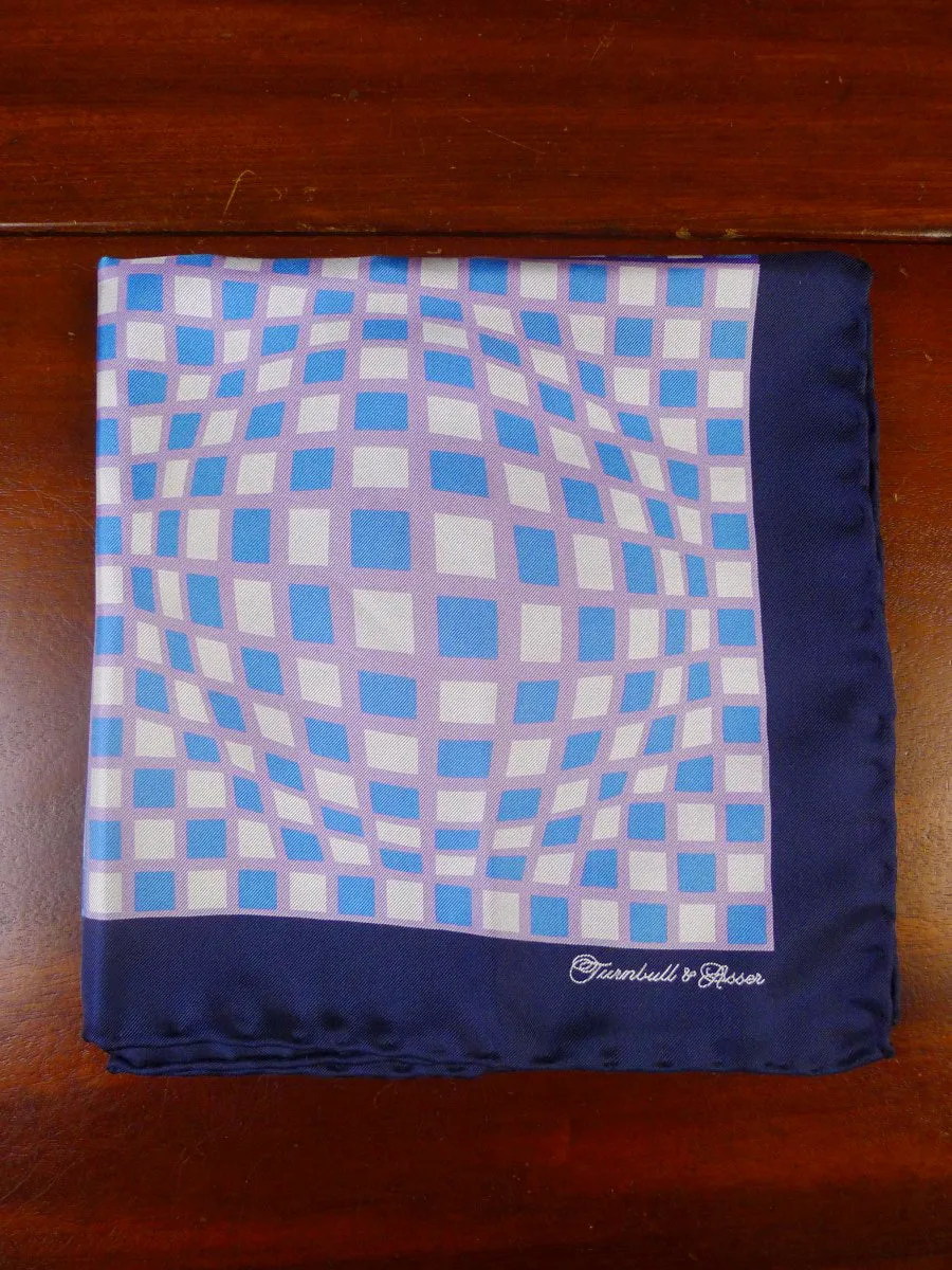 24/0320 TURNBULL & ASSER JERMYN ST. PURPLE BLUE SQUARE PATTERN ALL SILK POCKET SQUARE