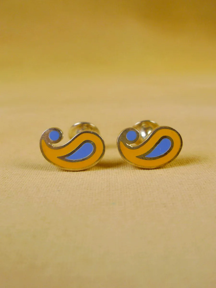 24/0381yb turnbull & asser hallmarked sterling silver yellow blue paisley design cufflinks