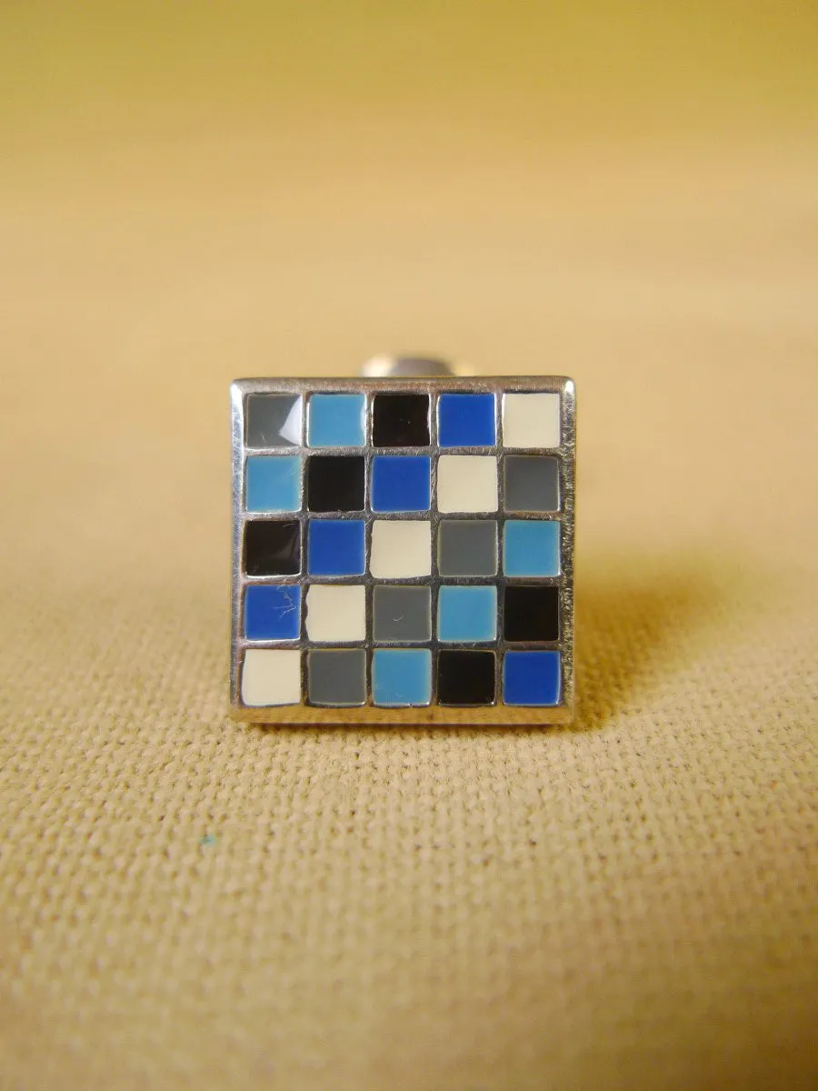 24/0383bbg turnbull & asser blue black grey chequerboard design cufflinks