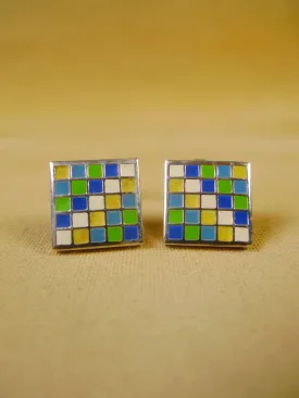 24/0383gby turnbull & asser Green Blue Yellow chequerboard design cufflinks