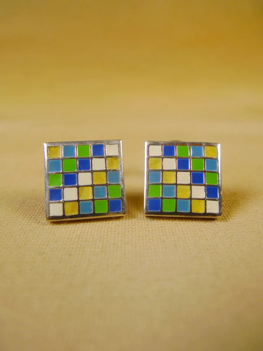 24/0383gby turnbull & asser Green Blue Yellow chequerboard design cufflinks