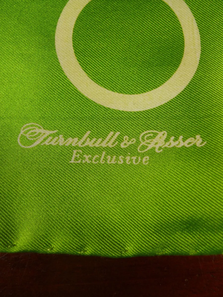 24/0395 new Turnbull & Asser JERMYN ST. green blue circles pattern all silk pocket square