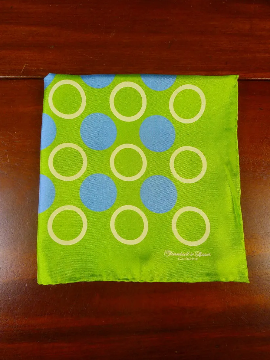 24/0395 new Turnbull & Asser JERMYN ST. green blue circles pattern all silk pocket square