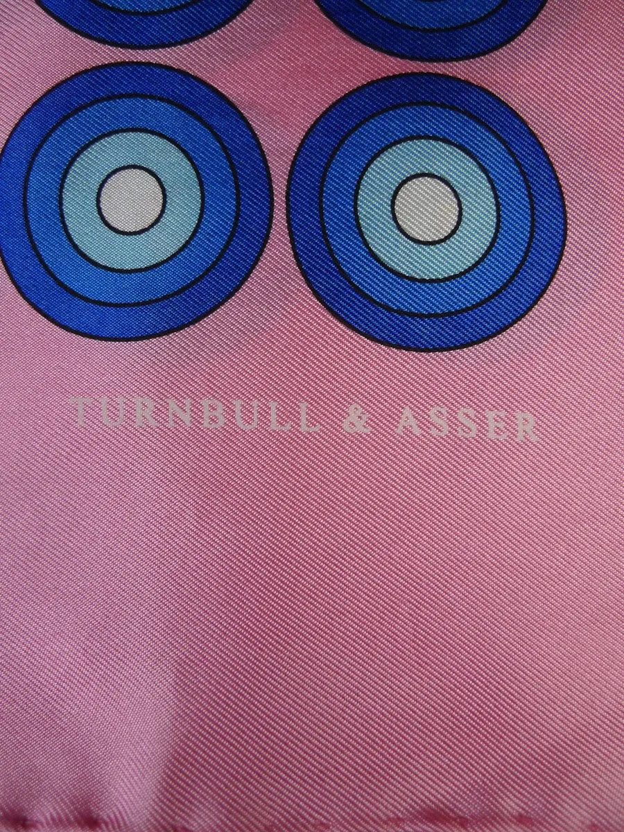 24/0400 new Turnbull & Asser JERMYN ST. pink blue target pattern all silk pocket square