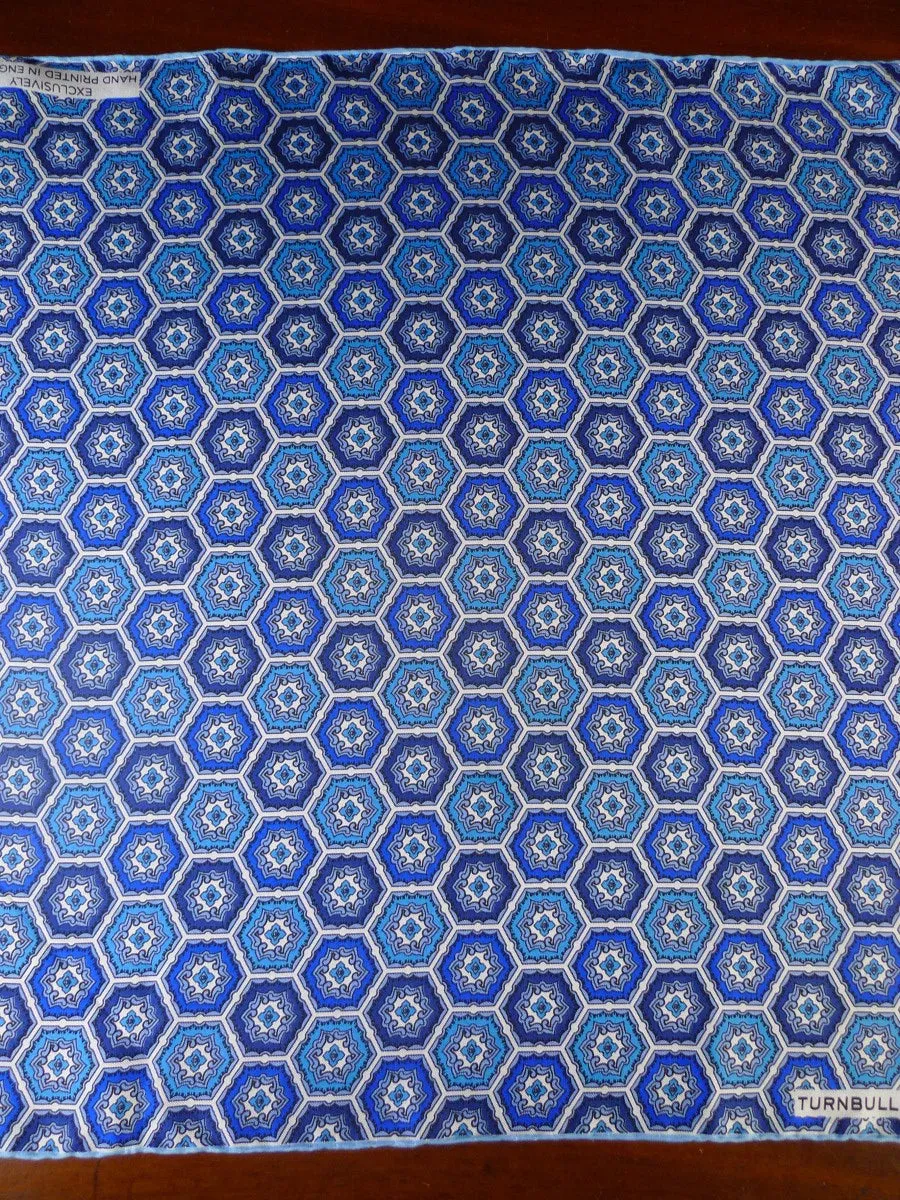 24/0413 new Turnbull & Asser JERMYN ST. blue hexagonal design all silk pocket square