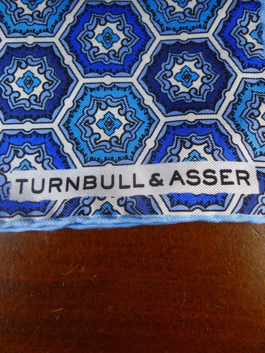 24/0413 new Turnbull & Asser JERMYN ST. blue hexagonal design all silk pocket square