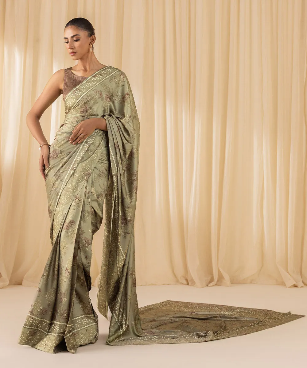 3 Piece -  Printed Satin Saree