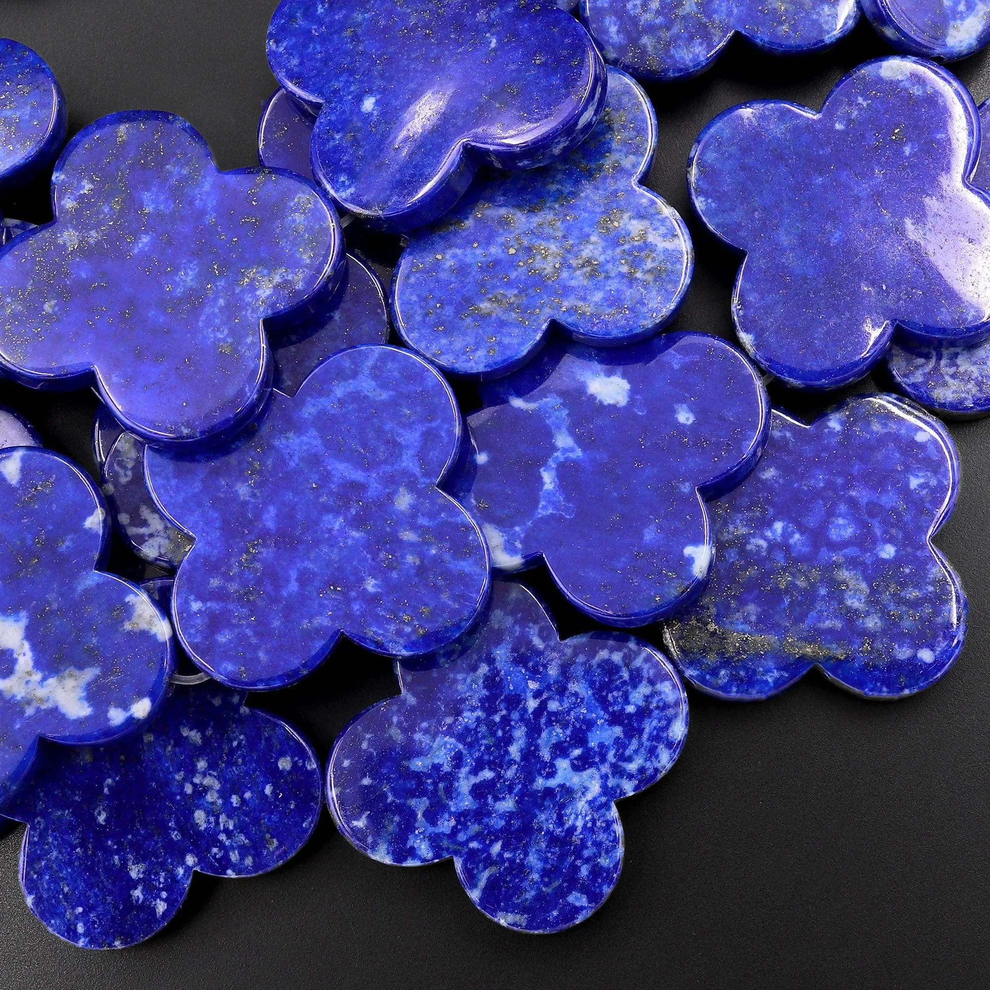 AAA Large 4 Four Leaf Clover Beads Natural Blue Lapis Hand Carved Flower Gemstone 15.5" Strand