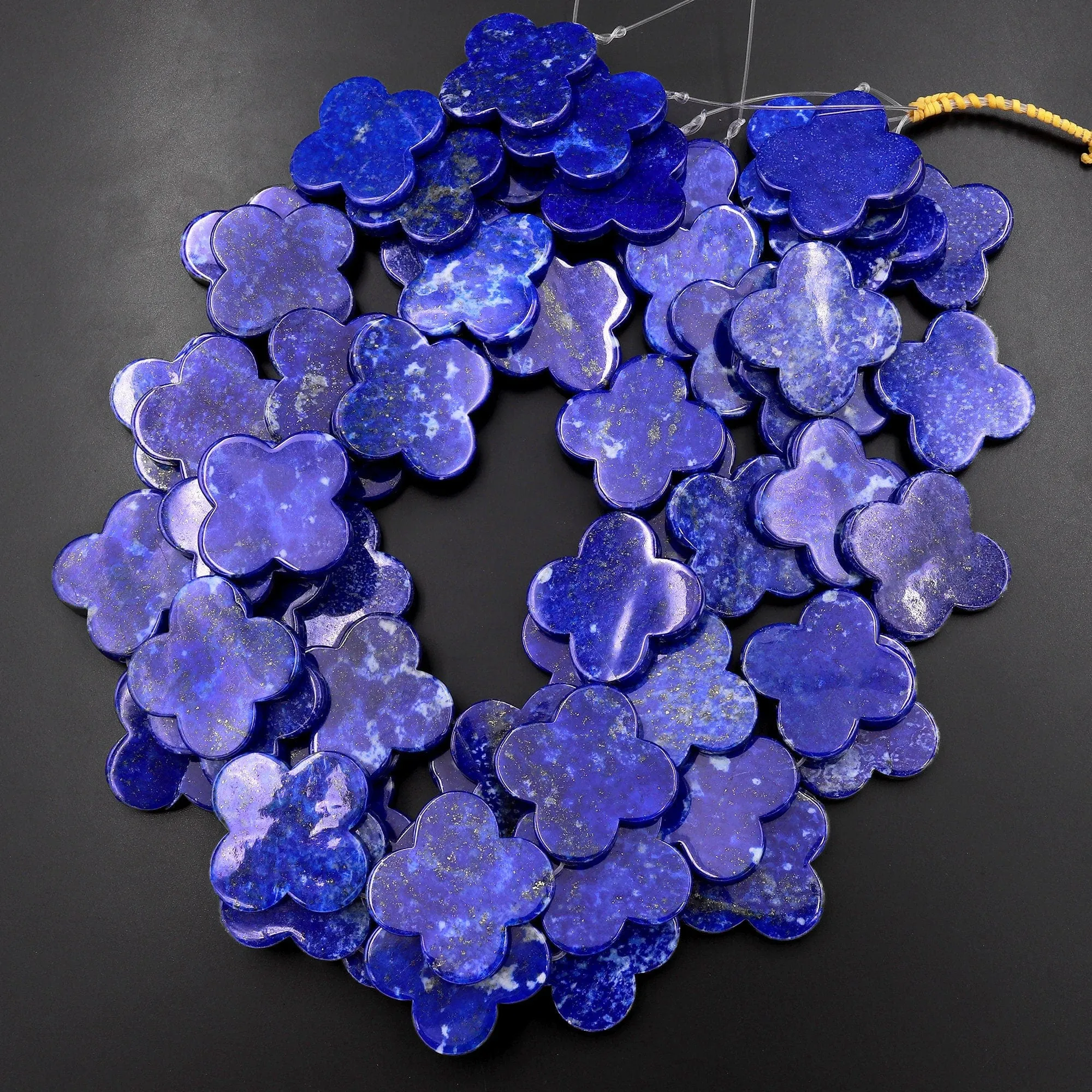 AAA Large 4 Four Leaf Clover Beads Natural Blue Lapis Hand Carved Flower Gemstone 15.5" Strand