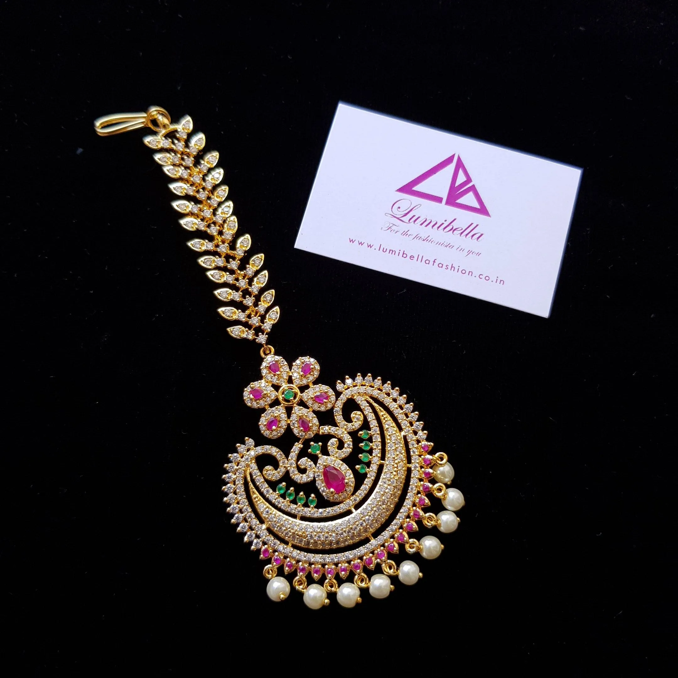 American Diamond studded Floral Patterned Maang Tikka