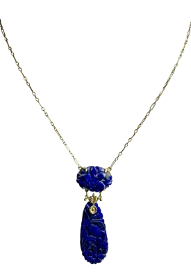 Art Deco 14K Gold and Carved Lapis Necklace