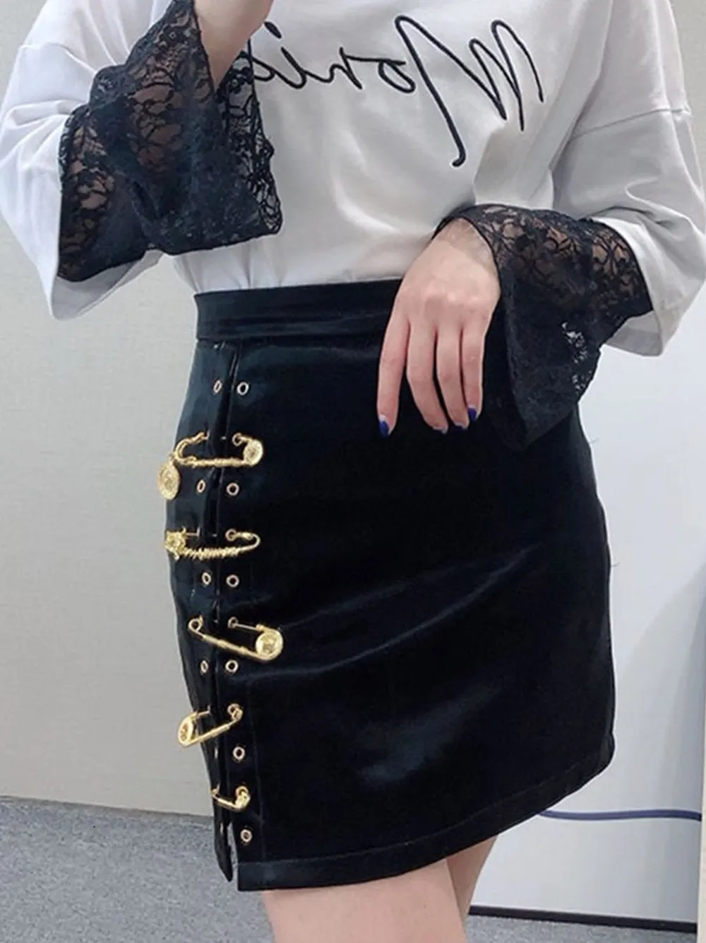 Asymmetrical Pins Leather Skirt