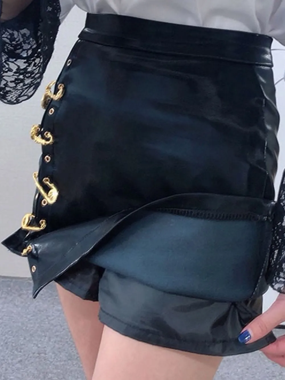 Asymmetrical Pins Leather Skirt