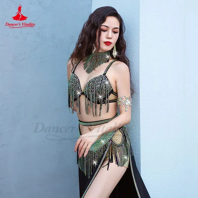 Belly Dance Performance Costume Suit Women Children Customsized AB Stones Bra necklace split Long Skirt 3pcs Bellydance Outfit