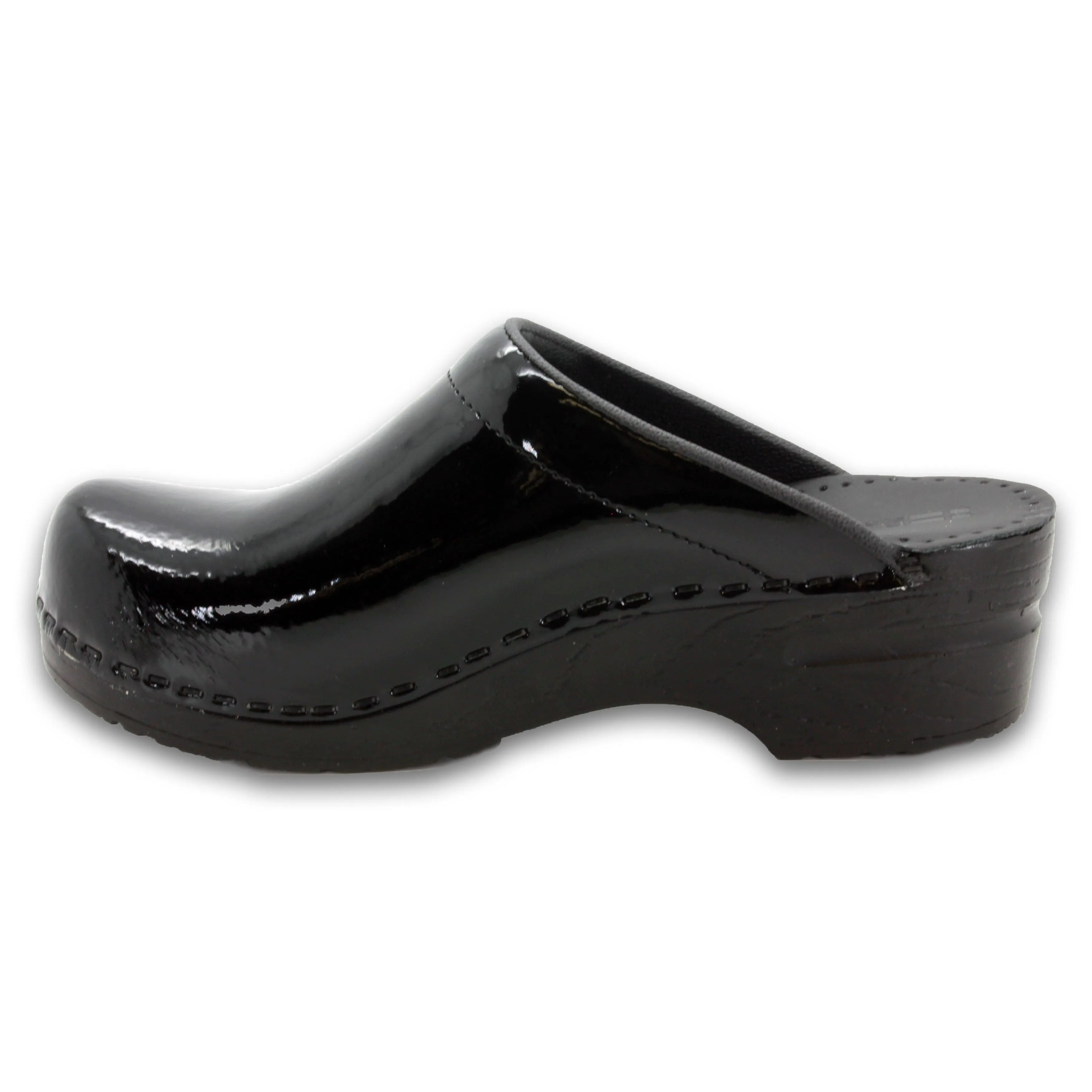 BJORK Elly Open Back Black Patent Leather Clogs