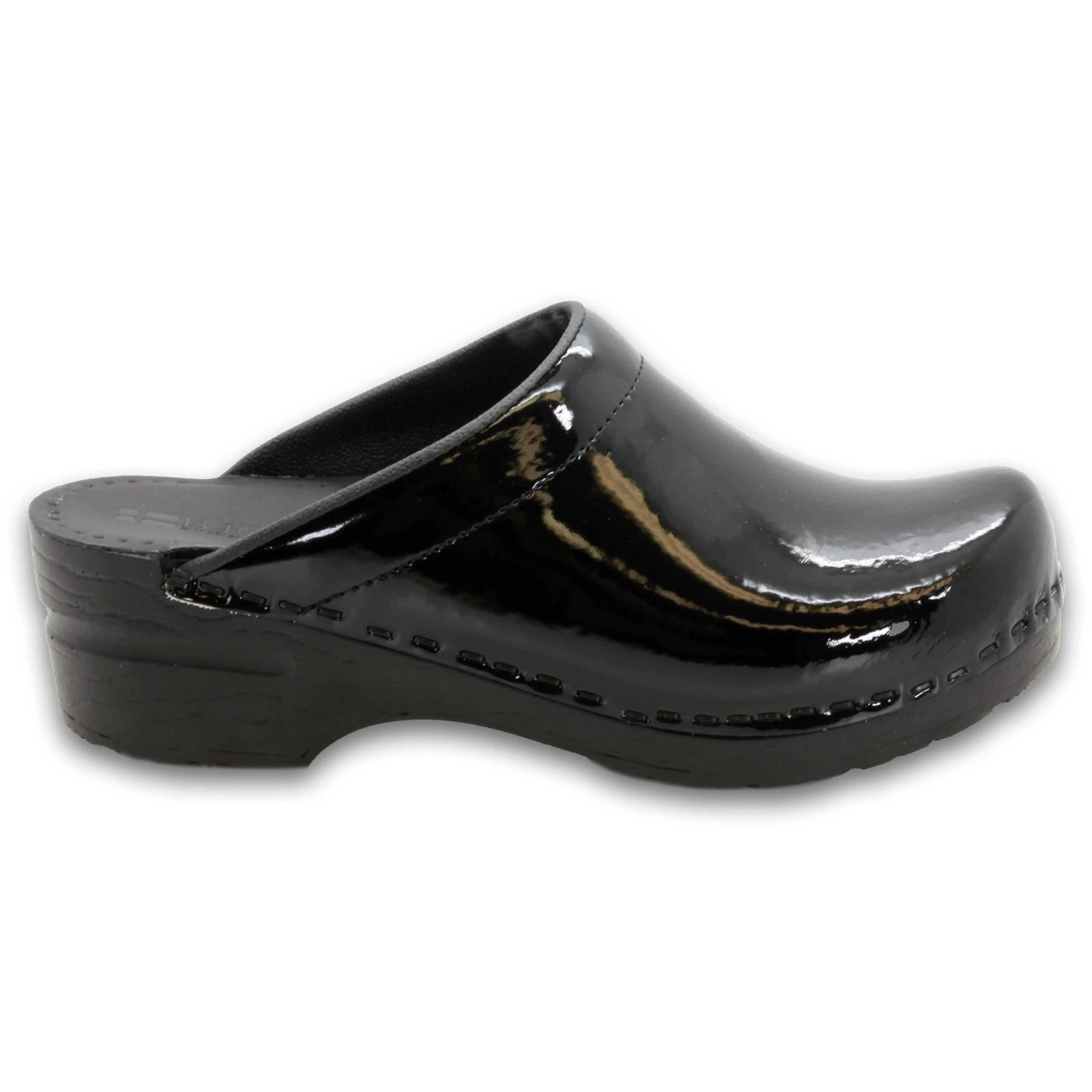 BJORK Elly Open Back Black Patent Leather Clogs