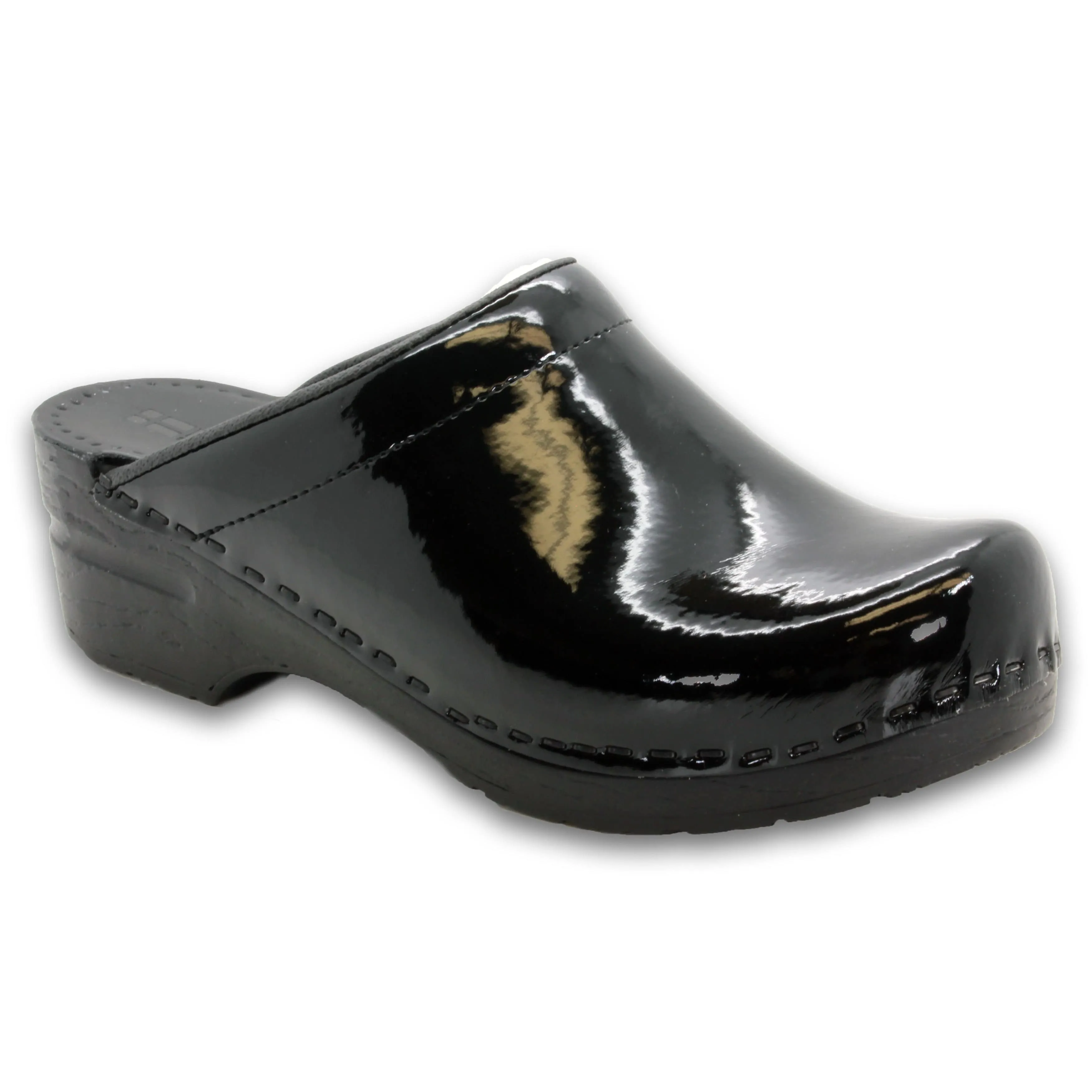 BJORK Elly Open Back Black Patent Leather Clogs