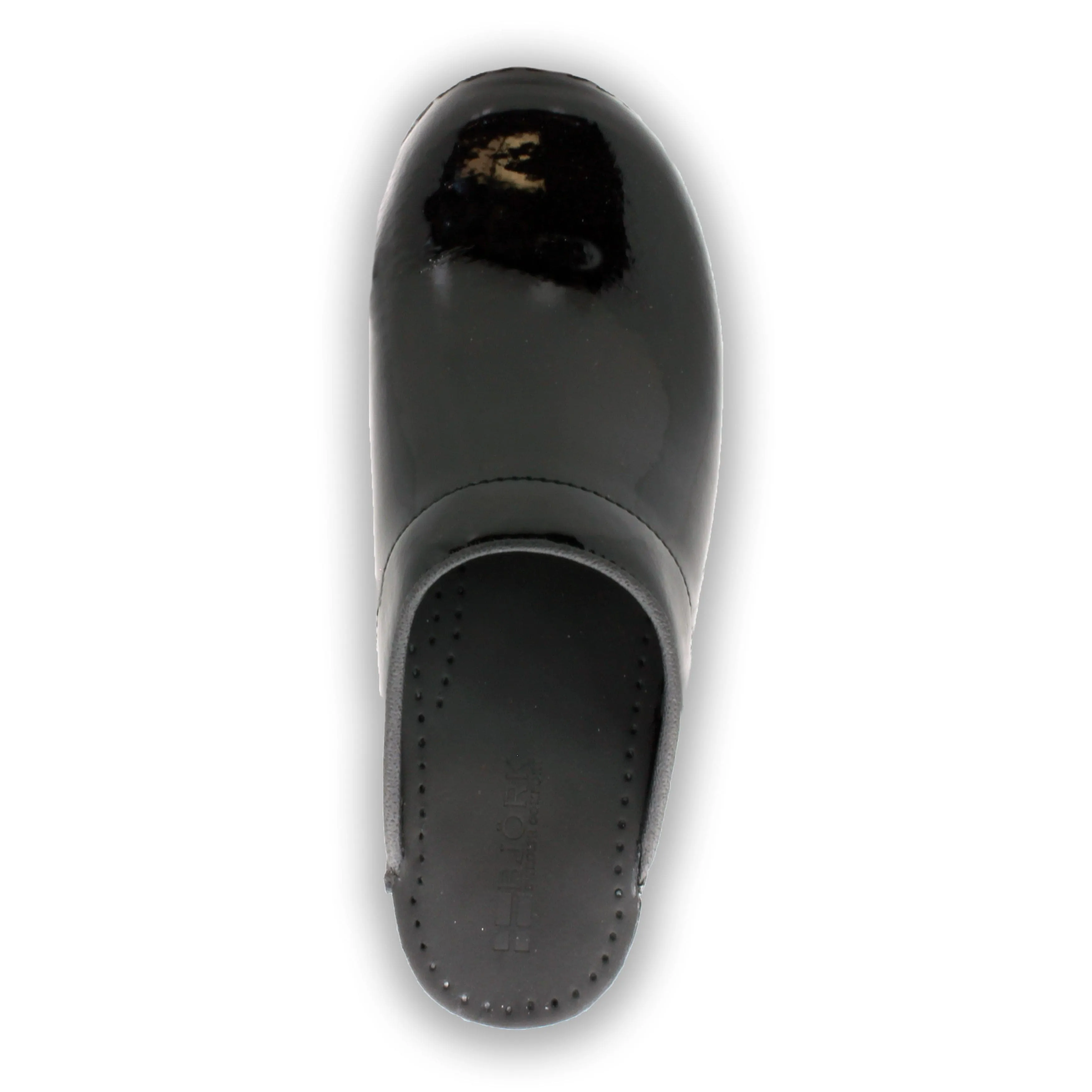 BJORK Elly Open Back Black Patent Leather Clogs