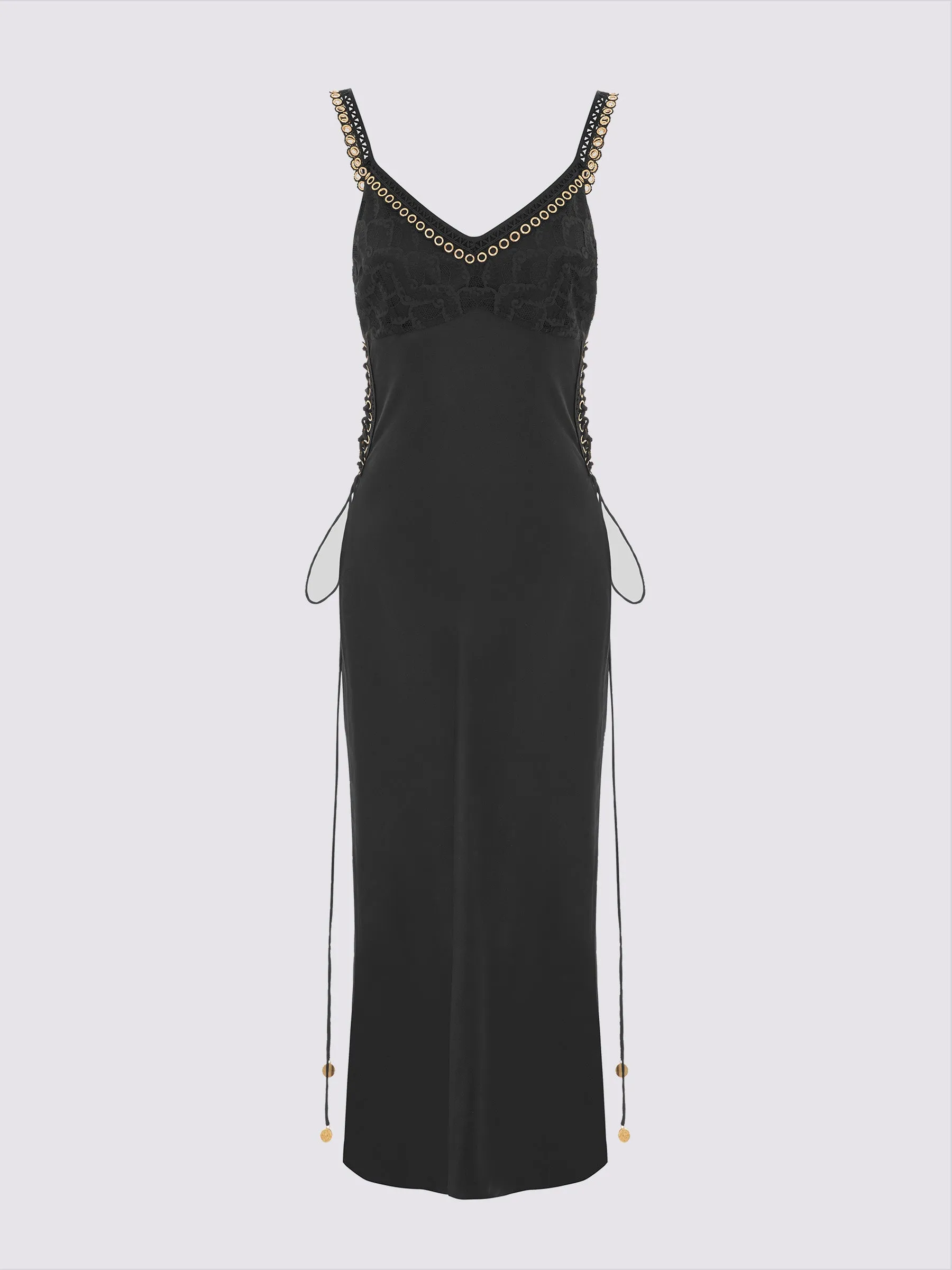 Black Lace Silk Midi Slip Dress