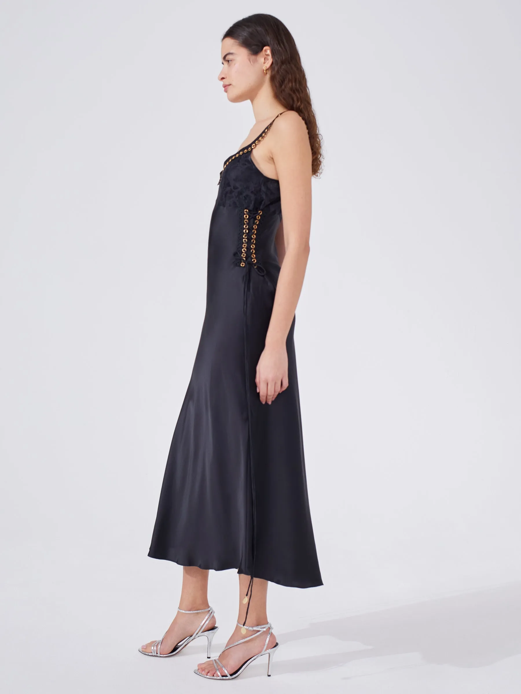 Black Lace Silk Midi Slip Dress