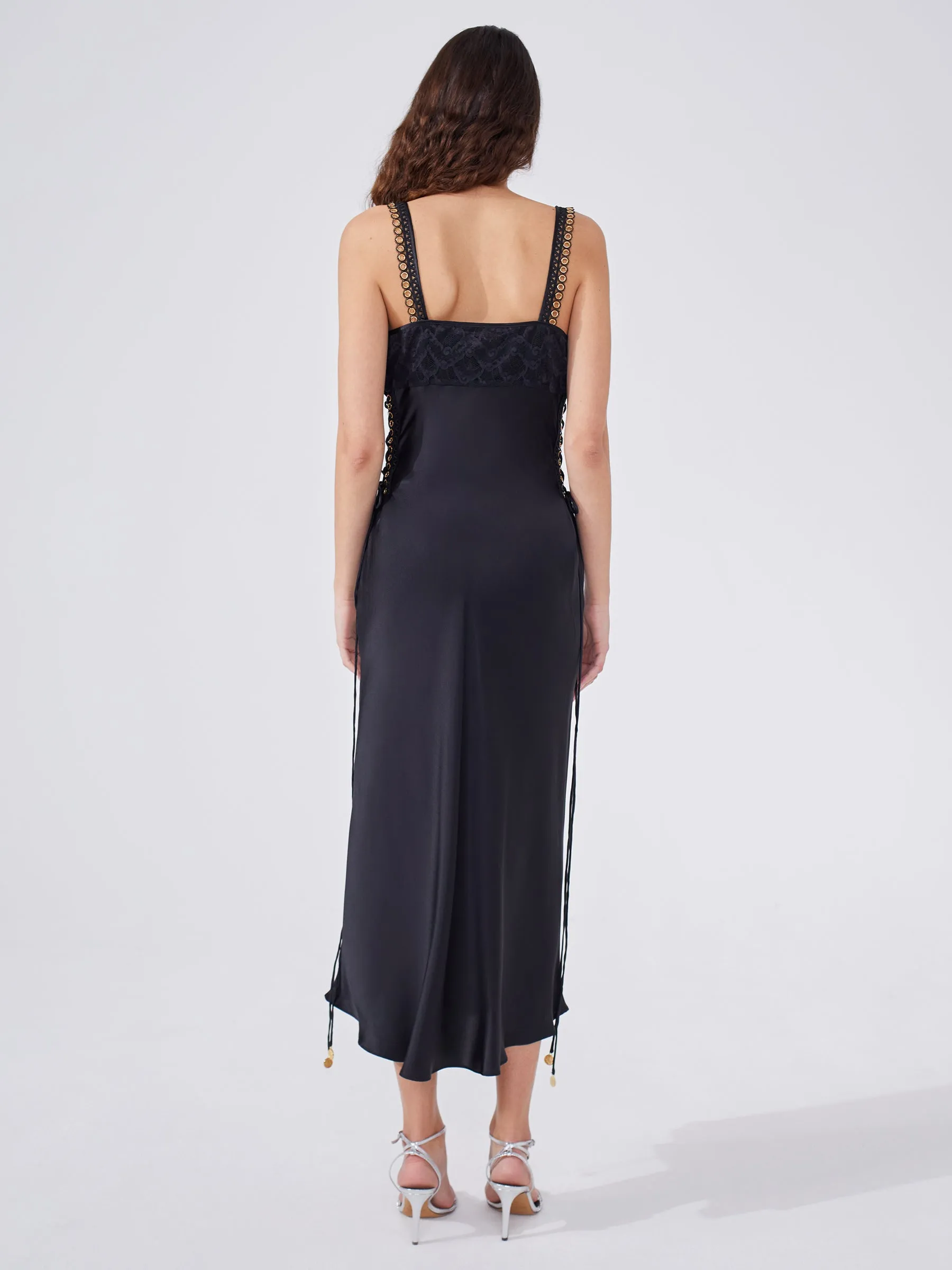 Black Lace Silk Midi Slip Dress