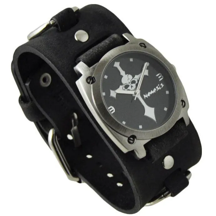 Black Skull Cross Watch with Faded Black Ring Leather Cuff Band DFRB927K