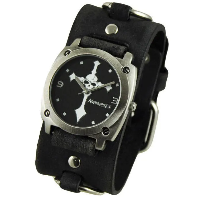 Black Skull Cross Watch with Faded Black Ring Leather Cuff Band DFRB927K