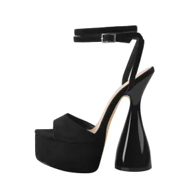 Black Suede Platform Ankle Strap High Heel Sandals