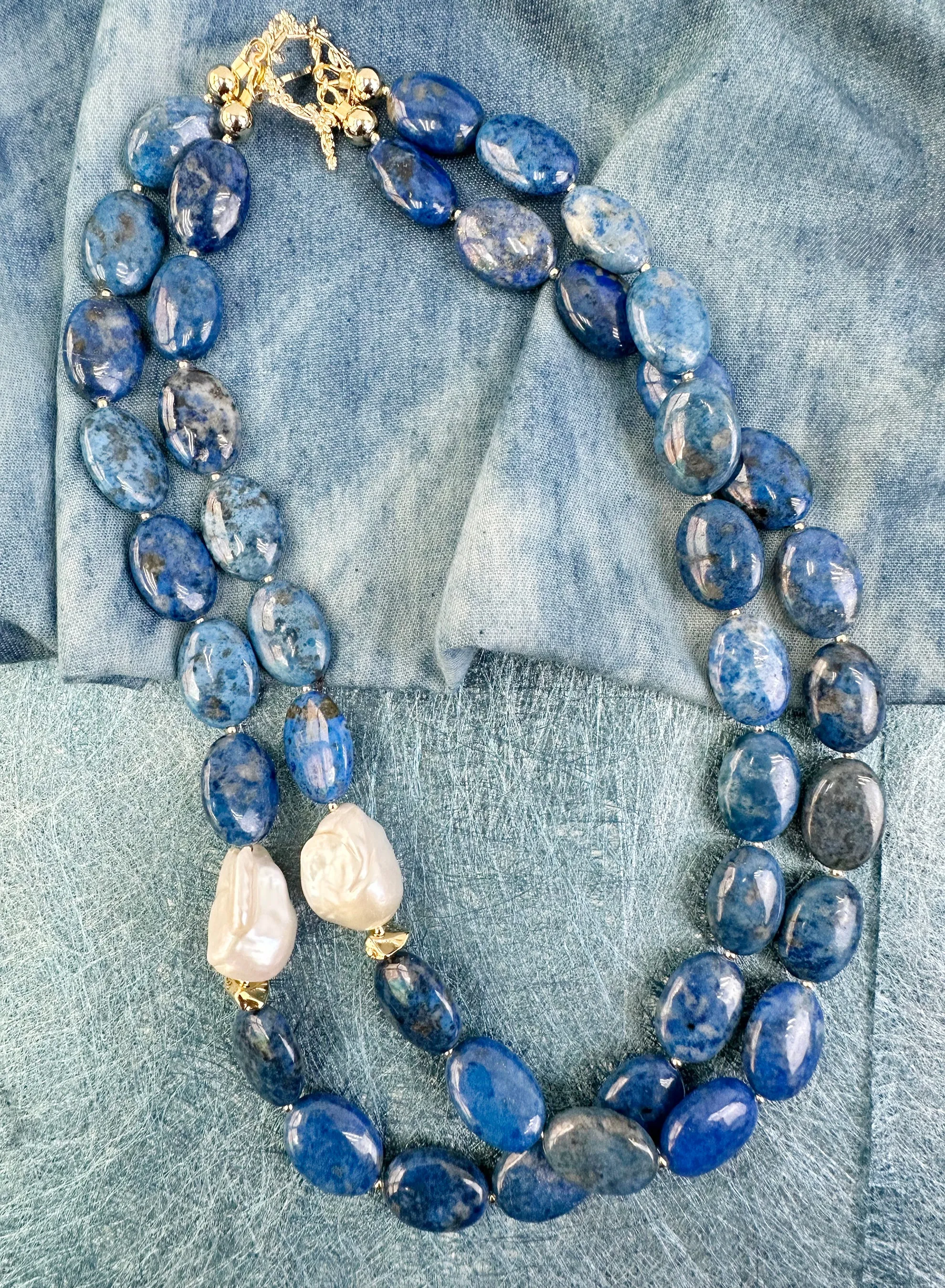 Blue Agate With Baroque Double Wrapped Necklace KN020