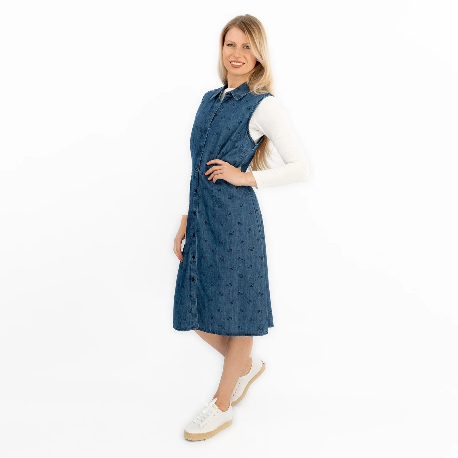 Blue Denim Shirt Dress Sleeveless Collar Button Through Women's Midi Dress