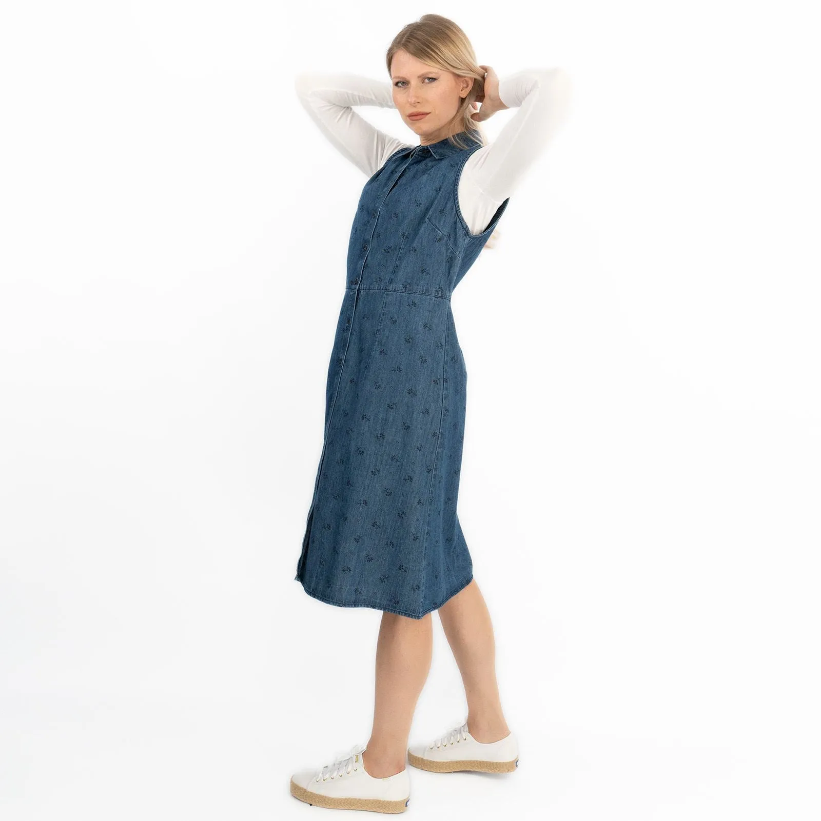 Blue Denim Shirt Dress Sleeveless Collar Button Through Women's Midi Dress