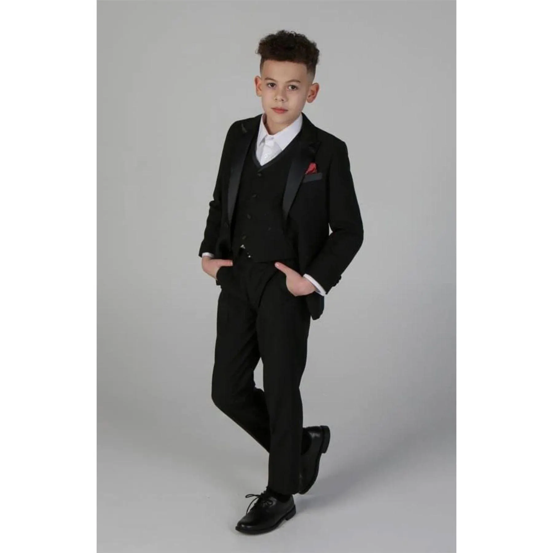 Boys 3 Piece Black Classic Satin Tuxedo Dinner Suit Wedding