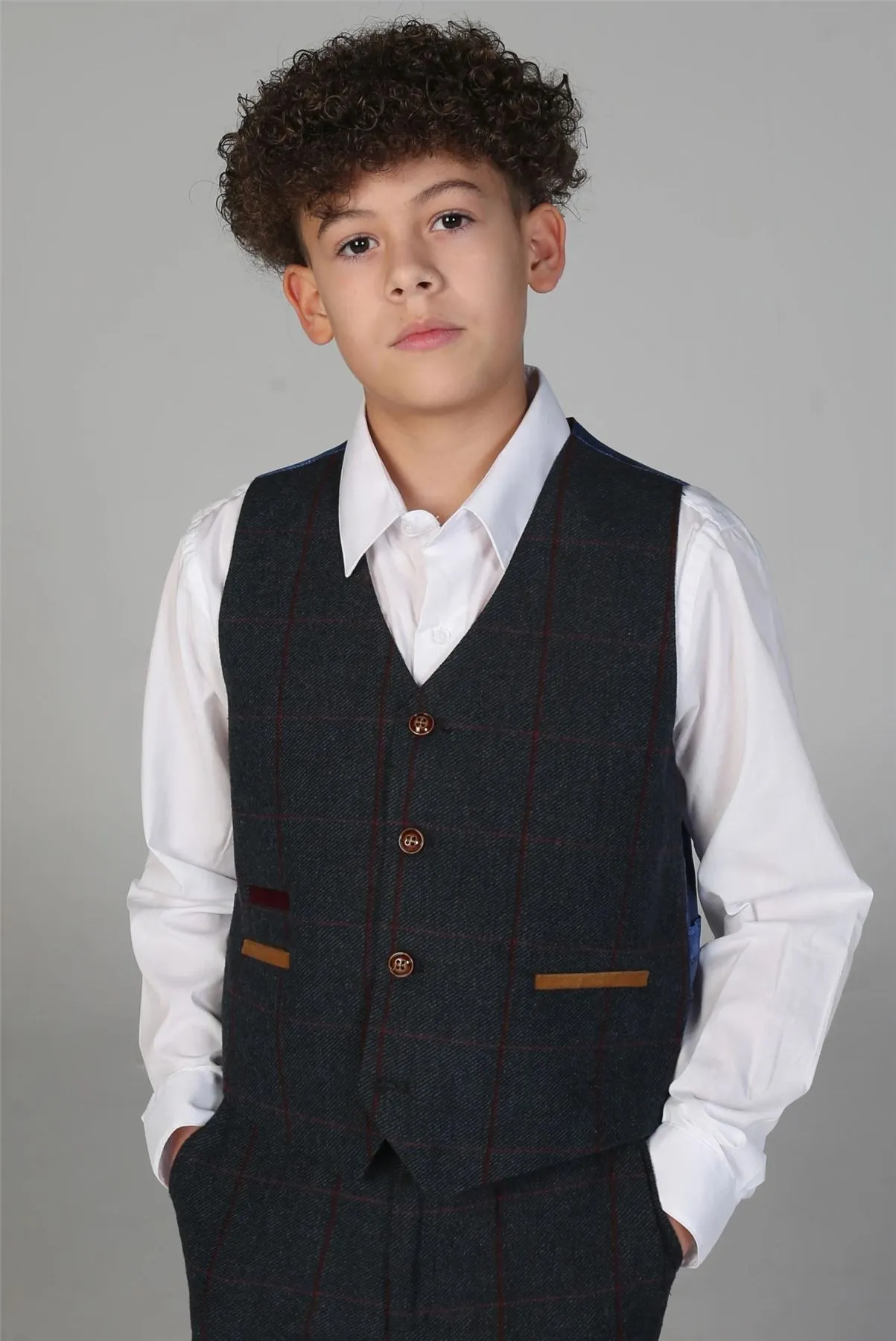 Boys 3 Piece Navy Tweed Check Suit