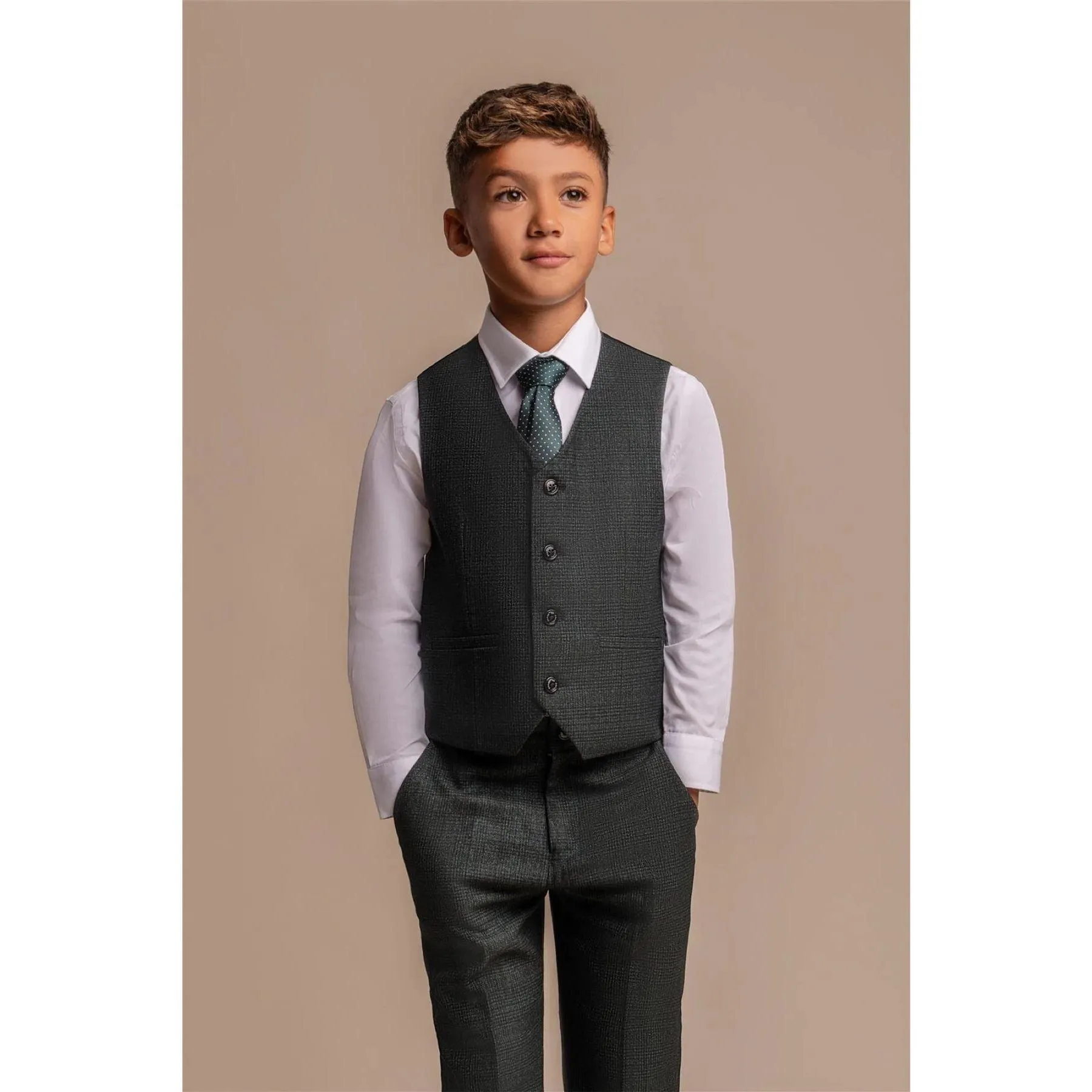 Boys 3 Piece Olive Green Check Suit Tweed Tailored Fit Wedding