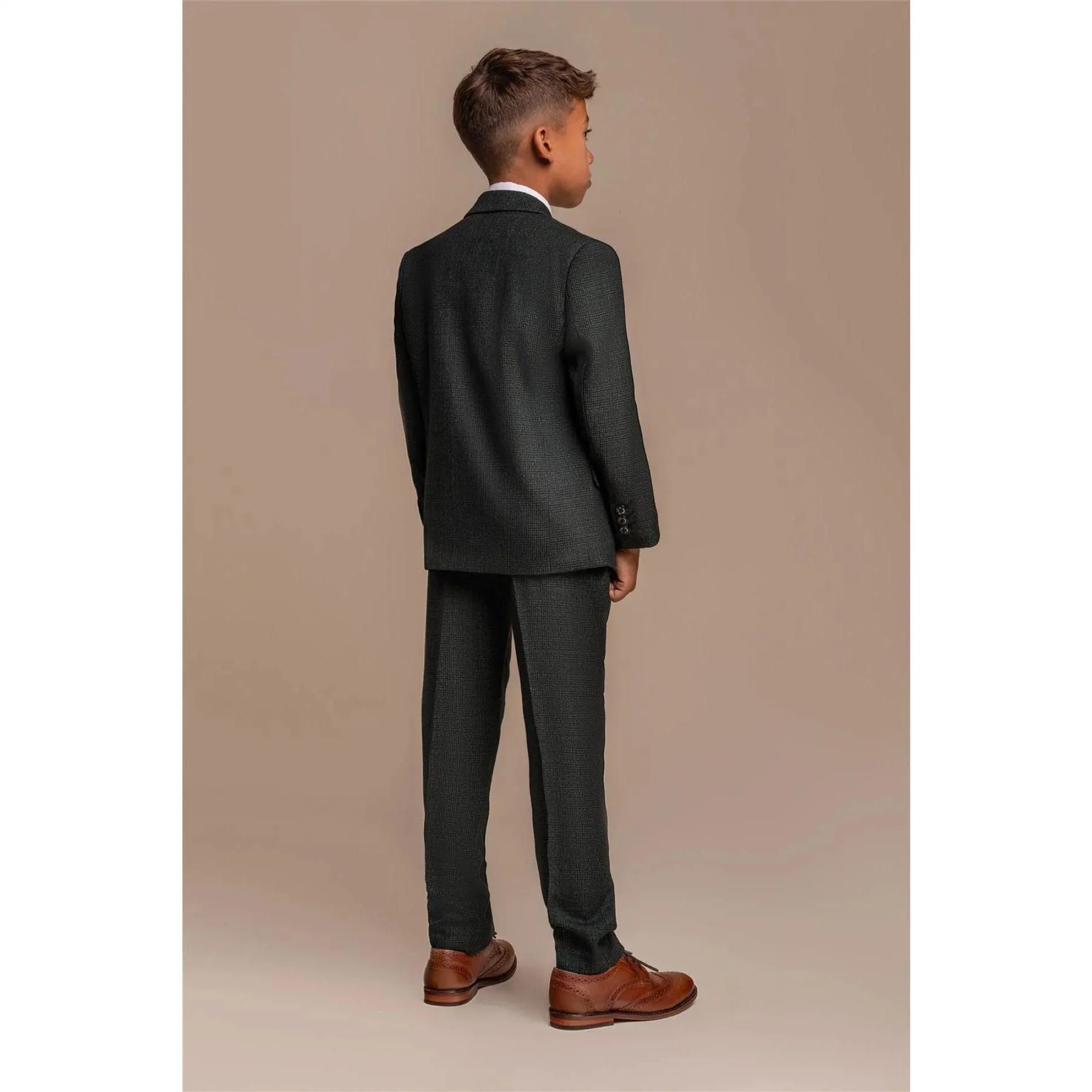 Boys 3 Piece Olive Green Check Suit Tweed Tailored Fit Wedding