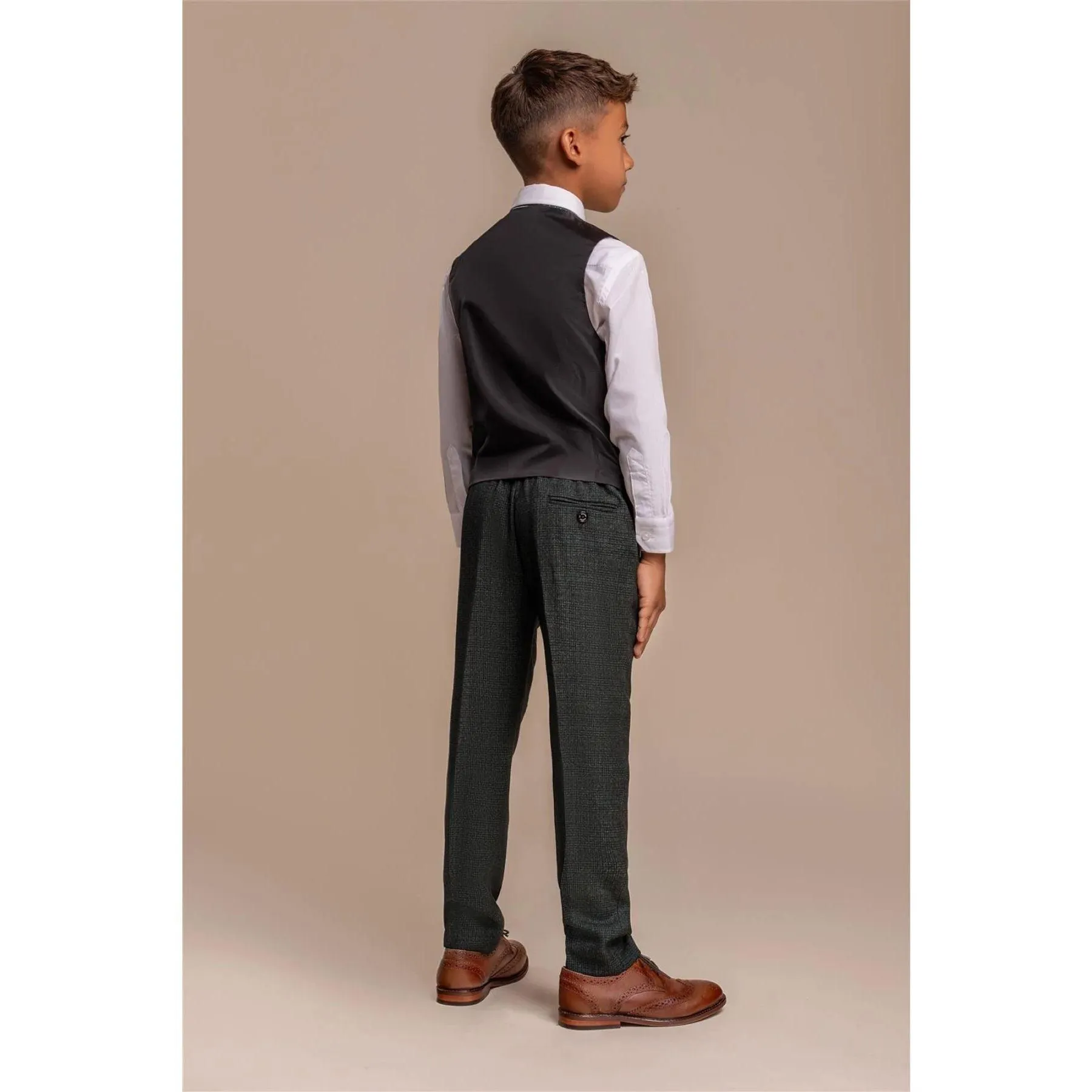 Boys 3 Piece Olive Green Check Suit Tweed Tailored Fit Wedding