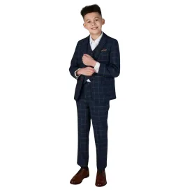 Boys 3 Piece Suit Blue Orange Check