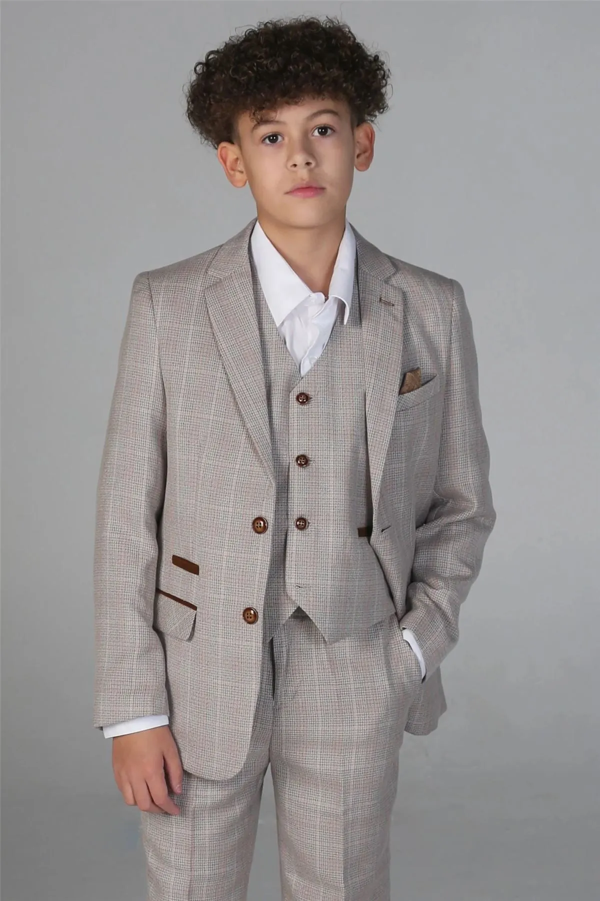 Boys Beige 3 Piece Checked Suit