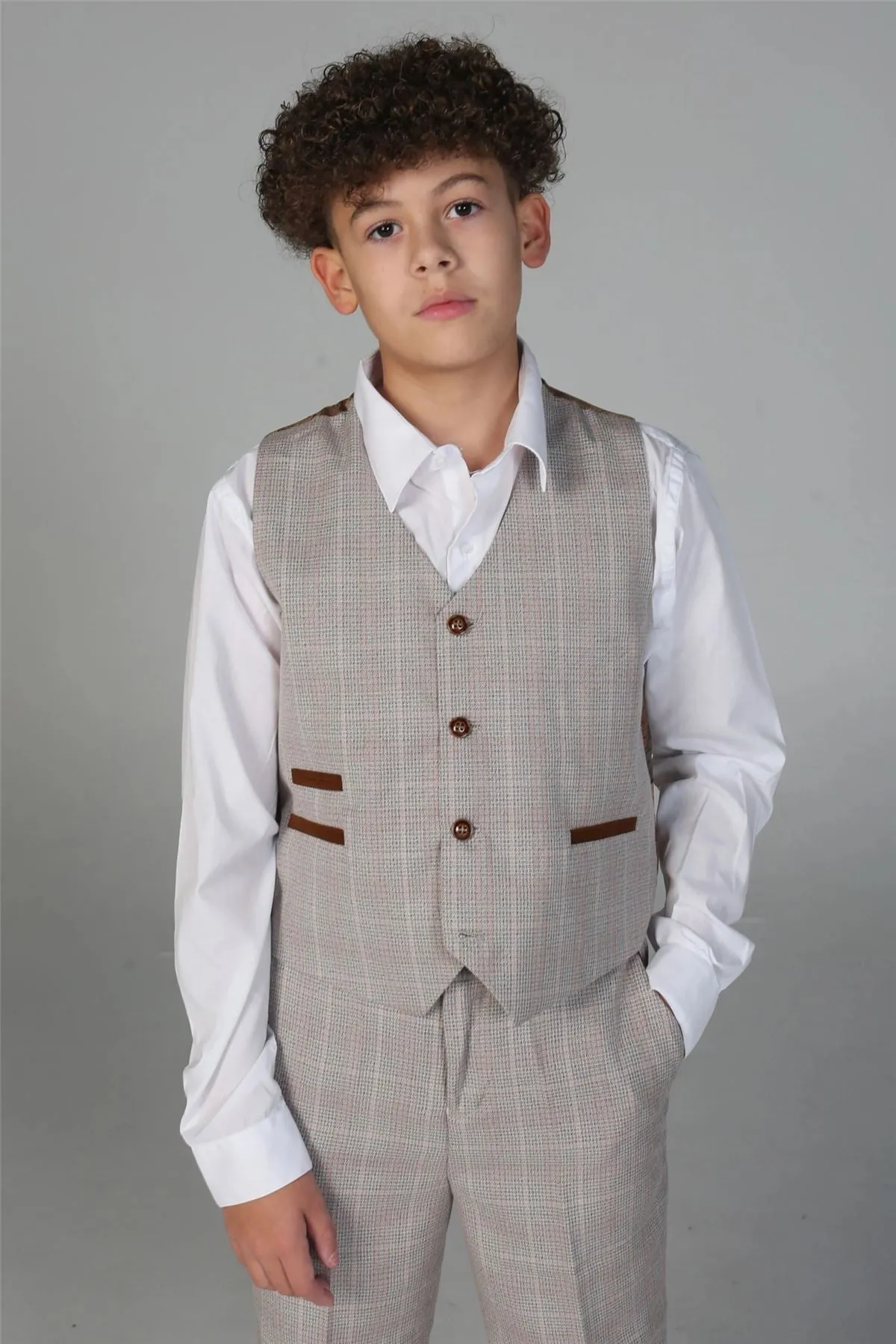 Boys Beige 3 Piece Checked Suit