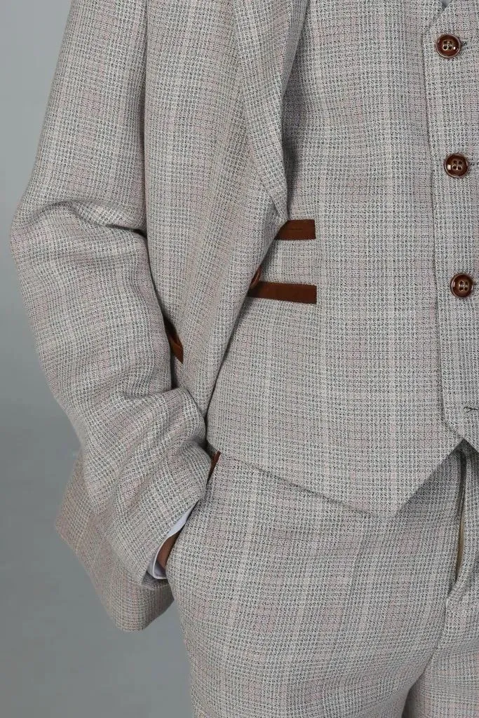 Boys Beige 3 Piece Checked Suit