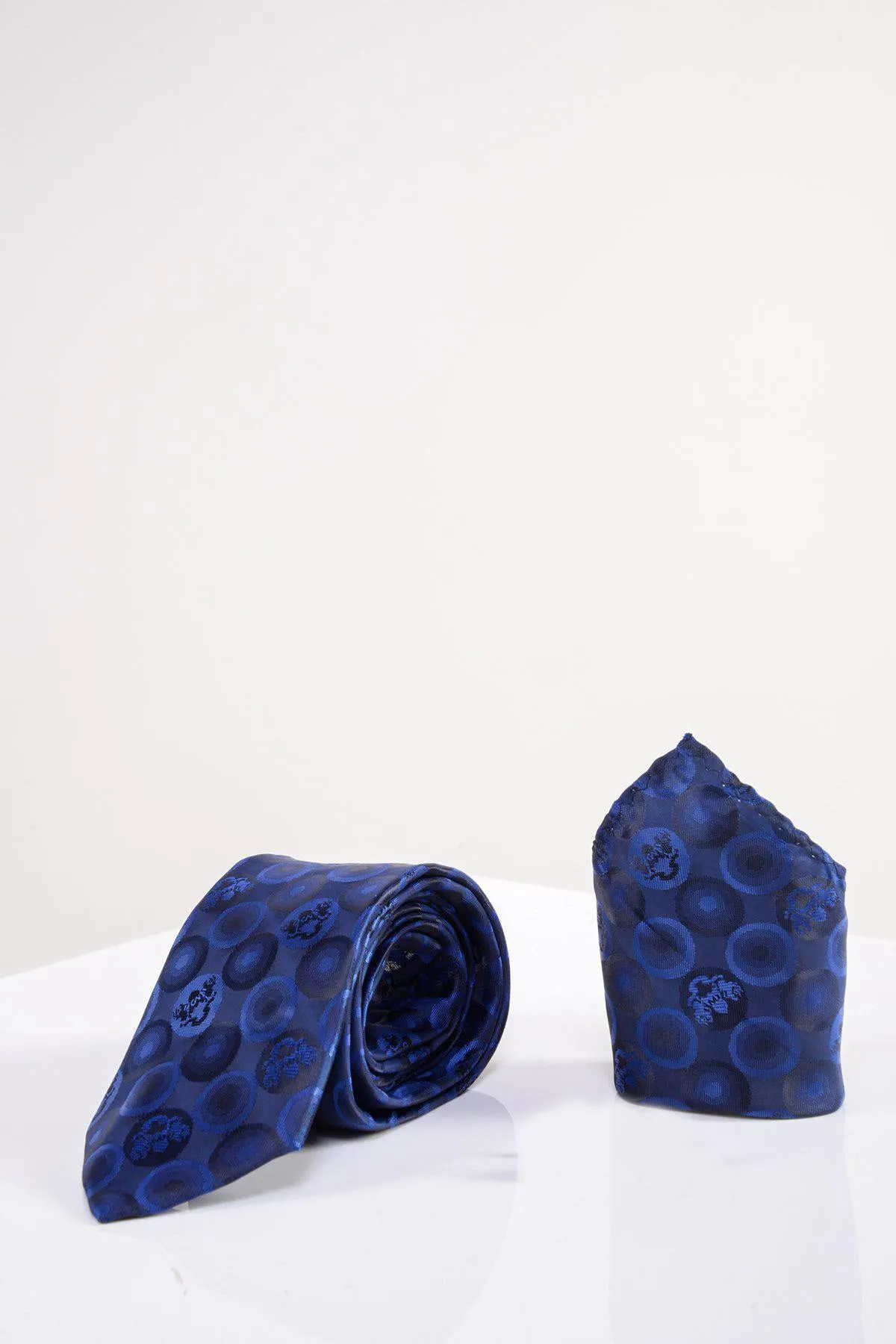 BUBBLES - Navy Bubble Circle Print Tie and Pocket Square Set